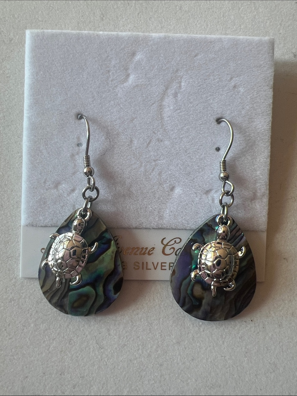 Abalone Teardrop Earrings with Silver Turtle Charms - Iridescent Green-Blue